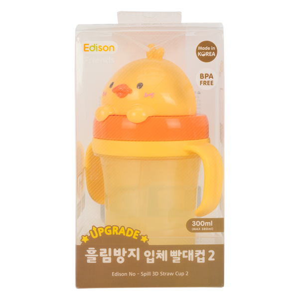 Bình tập uống ống hút chống tràn 3D Edison (300ml, vịt vàng)