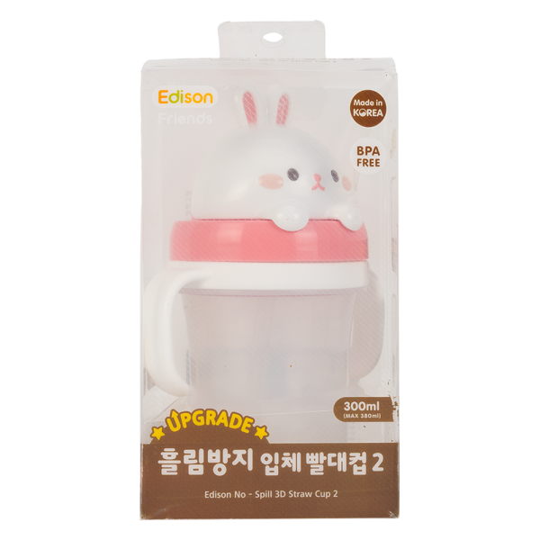 Bình tập uống ống hút chống tràn 3D Edison (300ml, thỏ hồng)