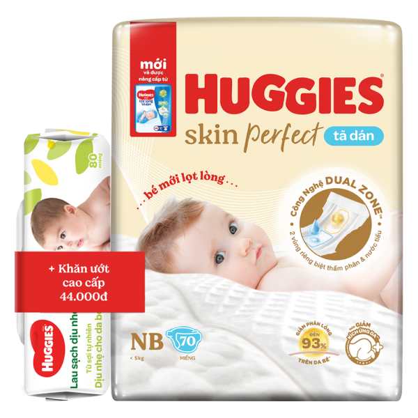 Tã dán lọt lòng Huggies Skin Perfect (Newborn, dưới 5kg, 70 miếng) (giao bao bì ngẫu nhiên)