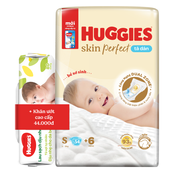 Tã dán sơ sinh Huggies Skin Perfect (S, 4-8kg, 54 miếng) (giao bao bì ngẫu nhiên)