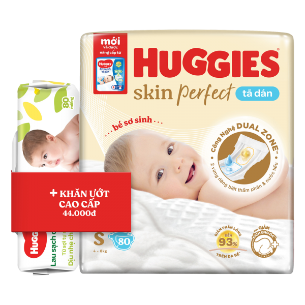 Tã dán sơ sinh Huggies Skin Perfect (S, 4-8kg, 80 miếng) (giao bao bì ngẫu nhiên)