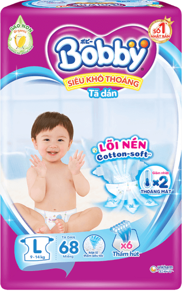 Bỉm tã dán Bobby siêu thấm size L, 68 miếng (9-13kg)