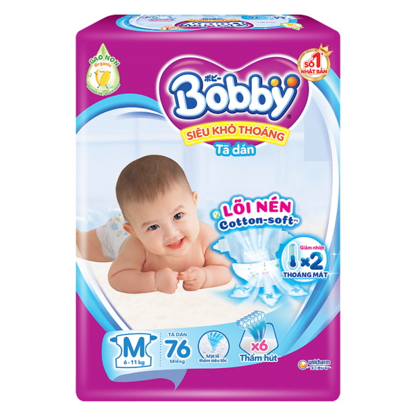 Bỉm tã dán Bobby siêu thấm size M 76 miếng (6-10kg)