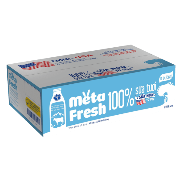 Thùng sữa tươi ít đường bổ sung sữa non Metafresh 180ml, lốc 4 hộp