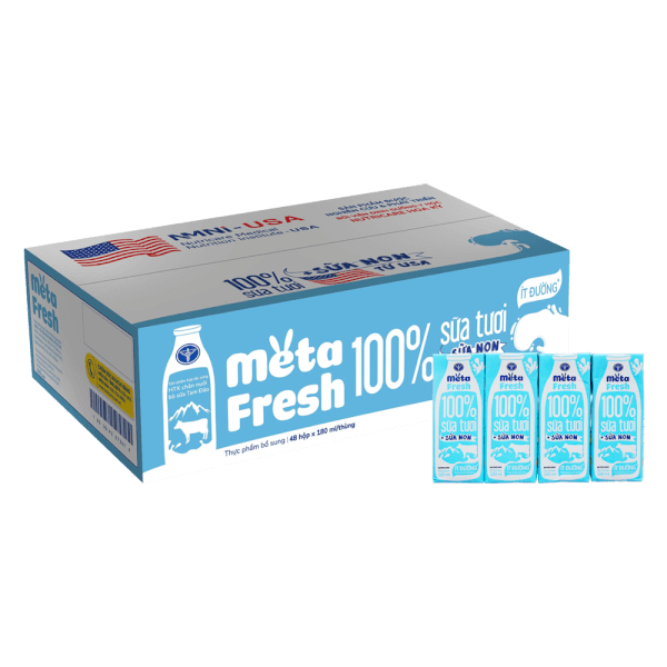 Thùng sữa tươi ít đường bổ sung sữa non Metafresh 180ml, lốc 4 hộp