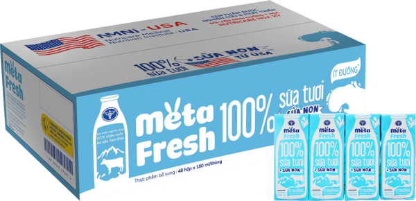 Thùng sữa tươi ít đường bổ sung sữa non Metafresh 180ml, lốc 4 hộp