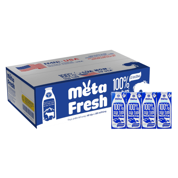 Thùng sữa tươi có đường bổ sung sữa non Metafresh 180ml, lốc 4 hộp