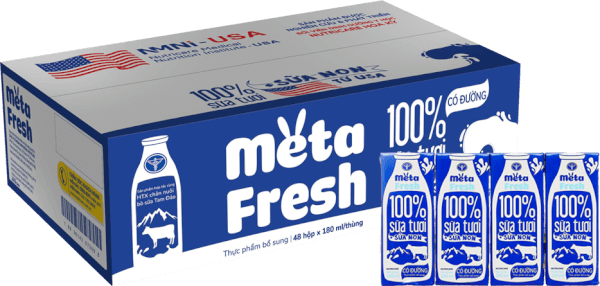 Thùng sữa tươi có đường bổ sung sữa non Metafresh 180ml, lốc 4 hộp