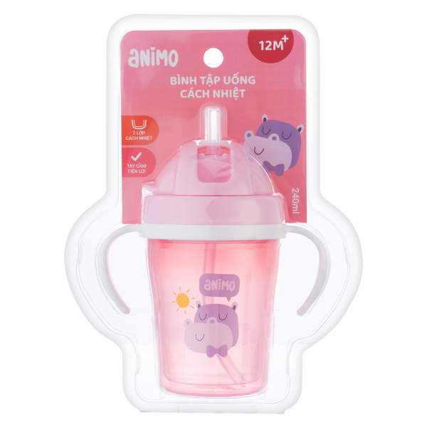Bình tập uống cách nhiệt Animo (240ml, hồng, tay cầm, RK-3431A)