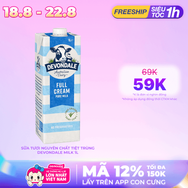 Thùng Sữa tươi nguyên chất tiệt trùng DEVONDALE MILK 1L