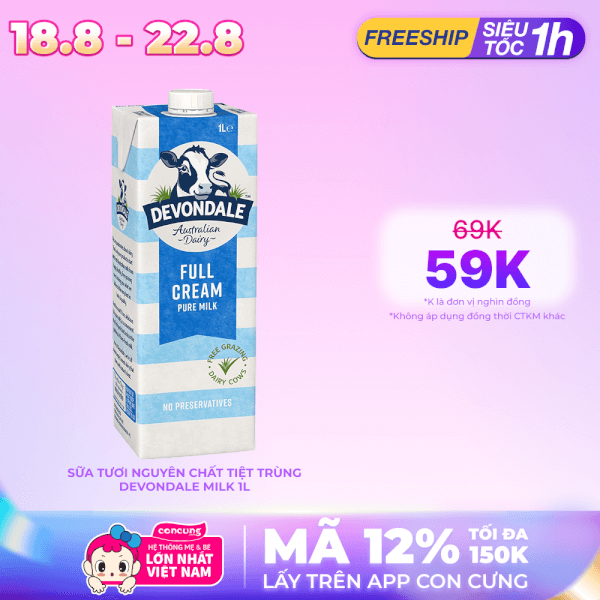 Thùng Sữa tươi nguyên chất tiệt trùng DEVONDALE MILK 1L