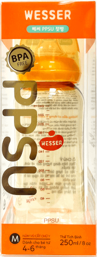 Bình sữa Wesser nhựa PPSU cổ hẹp 250ml (Giao bao bì ngẫu nhiên)