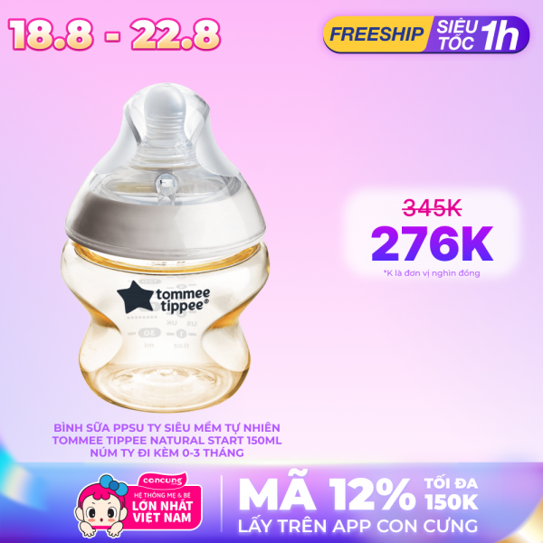 Bình Sữa PPSU Ty Siêu Mềm Tự Nhiên Tommee Tippee Natural Start 150ml, Núm Ty Đi Kèm 0-3 Tháng