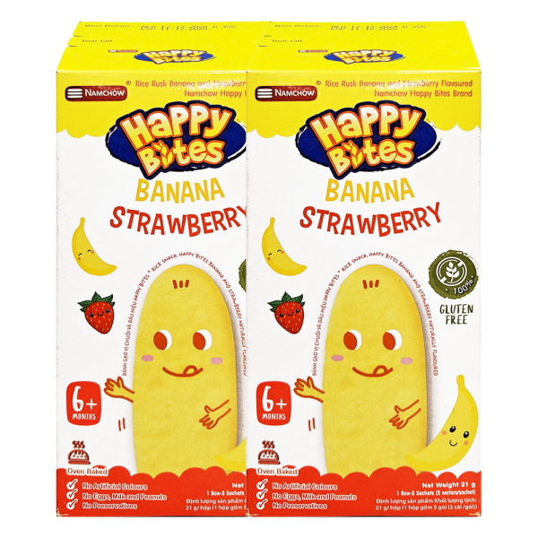 Combo 2 Bánh gạo Happy Bite Vị Chuối và Dâu 21g