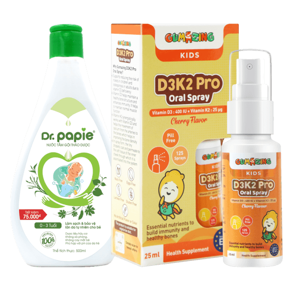 Combo 1 Nước tắm thảo dược Dr Papie 500ml và 1 Gumazing D3K2 Pro Oral Spray 25ml