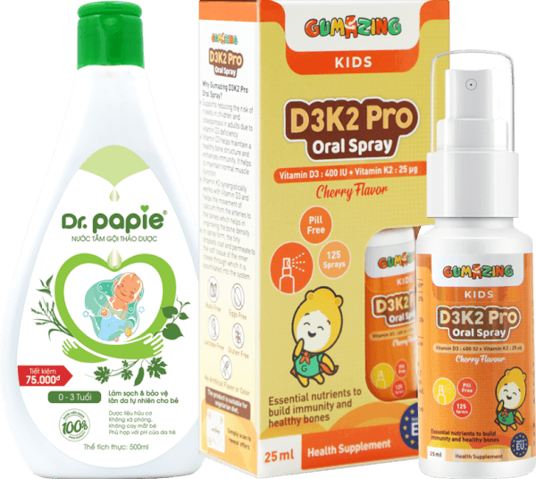 Combo 1 Nước tắm thảo dược Dr Papie 500ml và 1 Gumazing D3K2 Pro Oral Spray 25ml