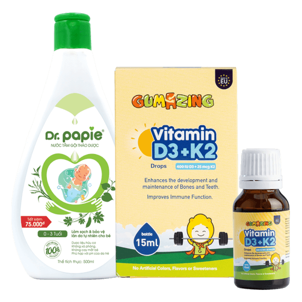 Combo 1 Gumazing Vitamin D3K2 Drops và 1 Nước tắm thảo dược Dr.Papie 500ml