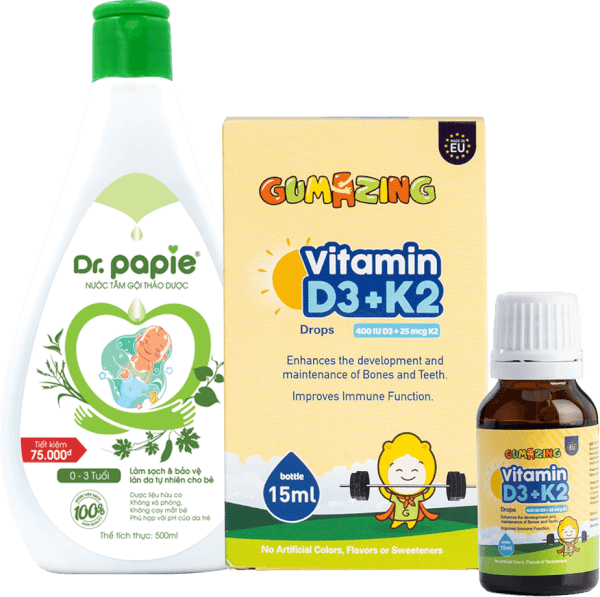 Combo 1 Gumazing Vitamin D3K2 Drops và 1 Nước tắm thảo dược Dr.Papie 500ml