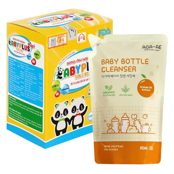 Combo 1 Siro ăn ngon Babyplus Hapi Gold X2 và 1 Nước rửa bình sữa AGA-AE hương cam- Túi 500ml