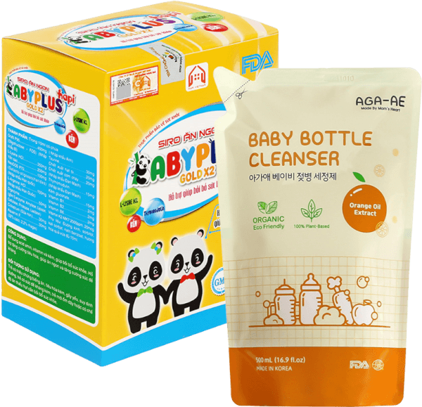 Combo 1 Siro ăn ngon Babyplus Hapi Gold X2 và 1 Nước rửa bình sữa AGA-AE hương cam- Túi 500ml