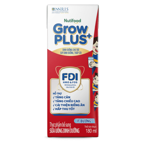 Sữa GrowPLUS+ ít đường 180ml (lốc 4 hộp) (Giao bao bì ngẫu nhiên)
