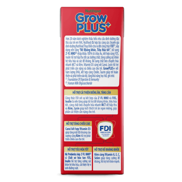 Sữa GrowPLUS+ ít đường 180ml (lốc 4 hộp) (Giao bao bì ngẫu nhiên)