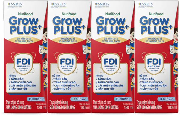 Sữa GrowPLUS+ ít đường 180ml (lốc 4 hộp) (Giao bao bì ngẫu nhiên)