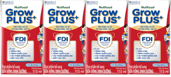 Sữa GrowPLUS+ ít đường 110ml (lốc 4 hộp) (Giao bao bì ngẫu nhiên)