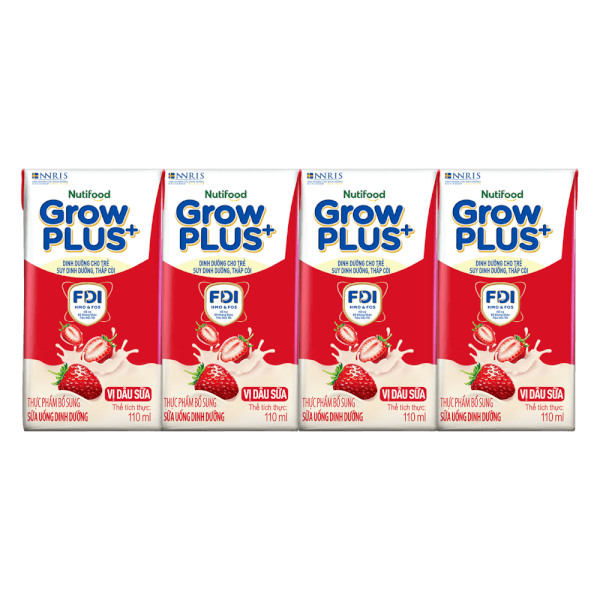 Sữa bột pha sẵn GrowPLUS+ vị dâu 110ml (lốc 4 hộp) (Trên 1 tuổi)