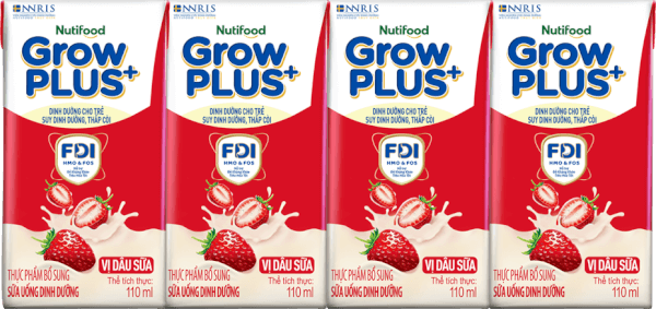 Sữa bột pha sẵn GrowPLUS+ vị dâu 110ml (lốc 4 hộp) (Trên 1 tuổi)