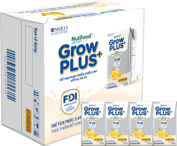 Thùng Sữa bột pha sẵn GrowPLUS+ vị chuối 110ml (lốc 4 hộp) (Trên 1 tuổi)