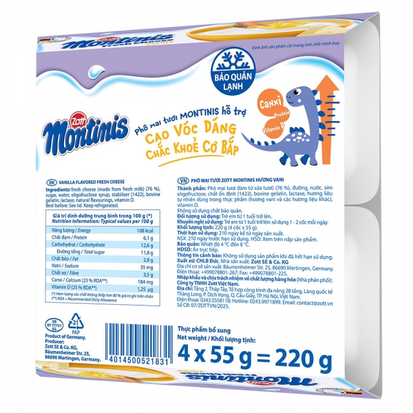 Phô mai tươi Montinis vị Vani 220gr (4*55gr)