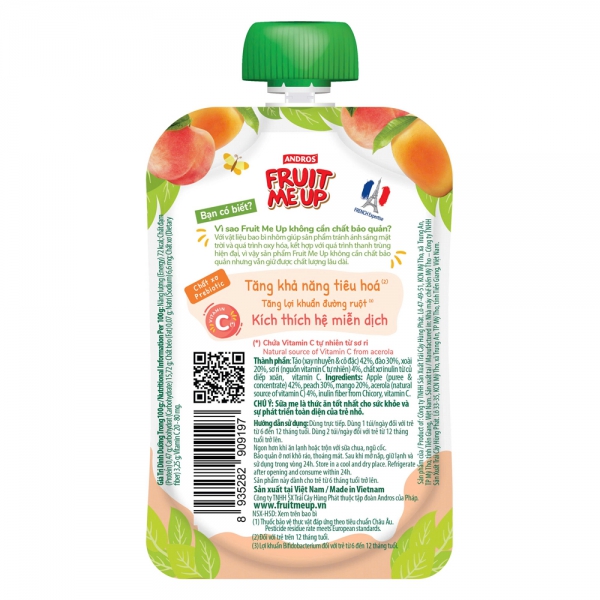 TRÁI CÂY XAY NHUYỄN FRUIT ME UP PREBIO XOÀI-ĐÀO 80g