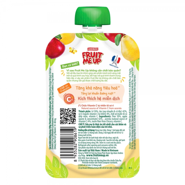 TRÁI CÂY XAY NHUYỄN FRUIT ME UP PREBIO LÊ-TÁO 80g