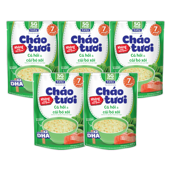 Combo 5 gói Cháo tươi Baby cá hồi cải bó xôi, SG Food, 10 tháng, 240g