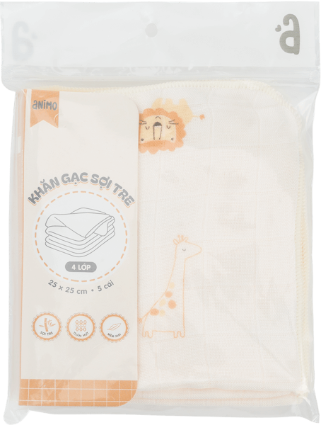 Khăn gạc sợi tre 4 lớp Animo T2304_NBA004 (25x25cm,5 cái) (giao màu ngẫu nhiên)