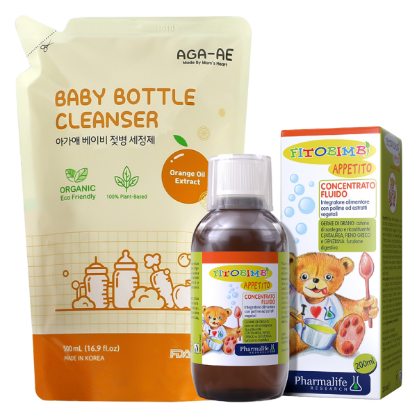 Combo 1 Nước rửa bình sữa AGA-AE hương cam- Túi 500ml và 1 Thực phẩm bảo vệ sức khỏe FITOBIMBI APPETITO