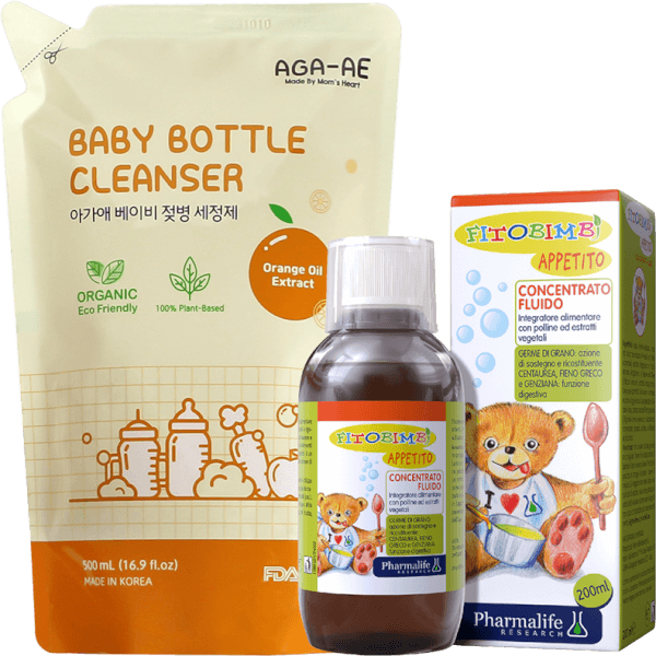 Combo 1 Nước rửa bình sữa AGA-AE hương cam- Túi 500ml và 1 Thực phẩm bảo vệ sức khỏe FITOBIMBI APPETITO