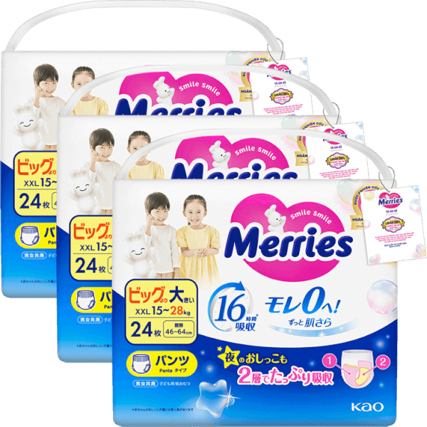 Combo 3 Tã quần Merries (XXL, 15-28kg, 24 miếng)