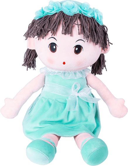 Búp bê nhồi bông Animo tóc xù đầm xanh