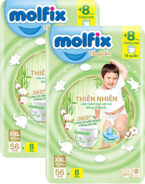 Combo 2 Tã quần Molfix Thiên Nhiên (XXL, 15 - 25kg, 56 miếng) (giao bao bì ngẫu nhiên)