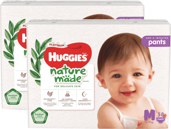 Combo 2 gói Bỉm tã quần Huggies Platinum Nature Made M size 58 miếng (6-11kg)