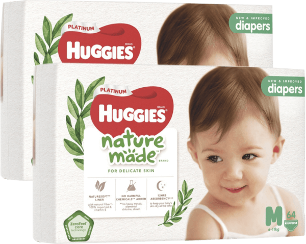 Combo 2 bỉm tã dán Huggies Platinum Nature Made size M 64 miếng (6-11kg)