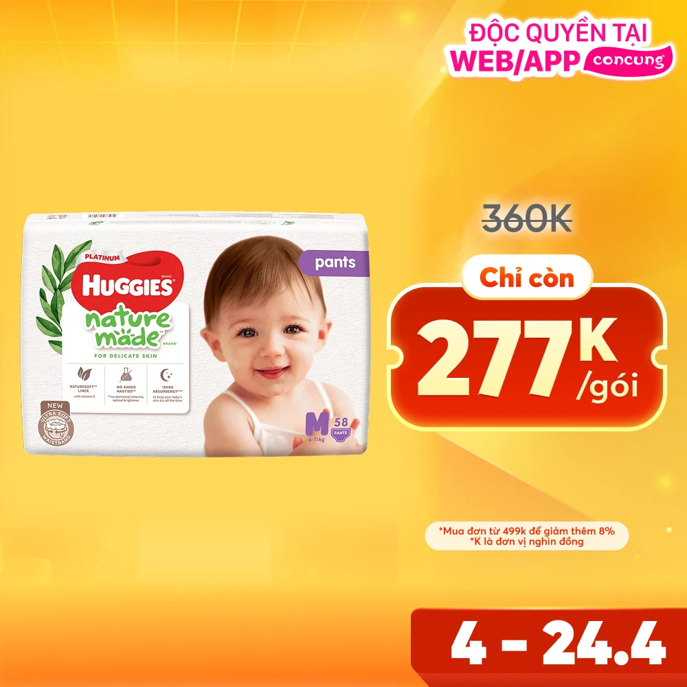 Bỉm tã quần Huggies Platinum Nature Made M size 58 miếng (6-11kg) (giao bao bì ngẫu nhiên)