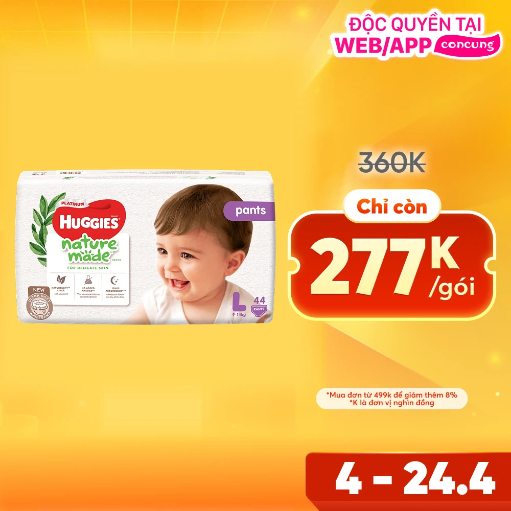 Bỉm tã quần Huggies Platinum Nature Made L size 44 miếng (9-14kg) (giao bao bì ngẫu nhiên)
