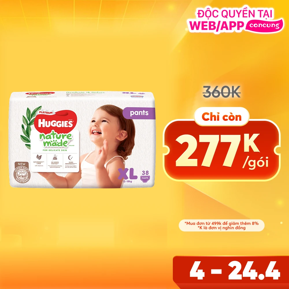 Bỉm tã quần Huggies Platinum Nature Made size XL 38 miếng (12-18kg) (giao bao bì ngẫu nhiên)