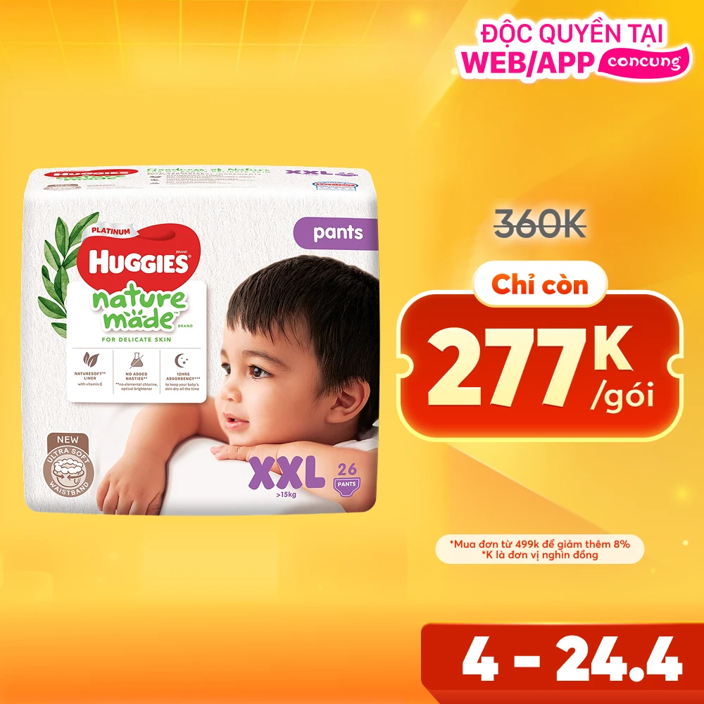 Bỉm tã quần Huggies Platinum Nature Made size XXL 26 miếng (trên 15kg) (giao bao bì ngẫu nhiên)