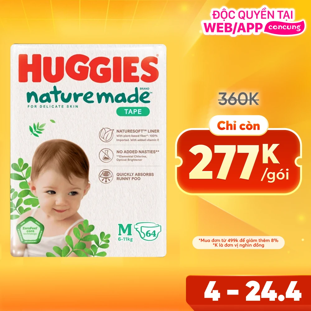 Bỉm tã dán Huggies Platinum Nature Made size M 64 miếng (6-11kg) (giao bao bì ngẫu nhiên)