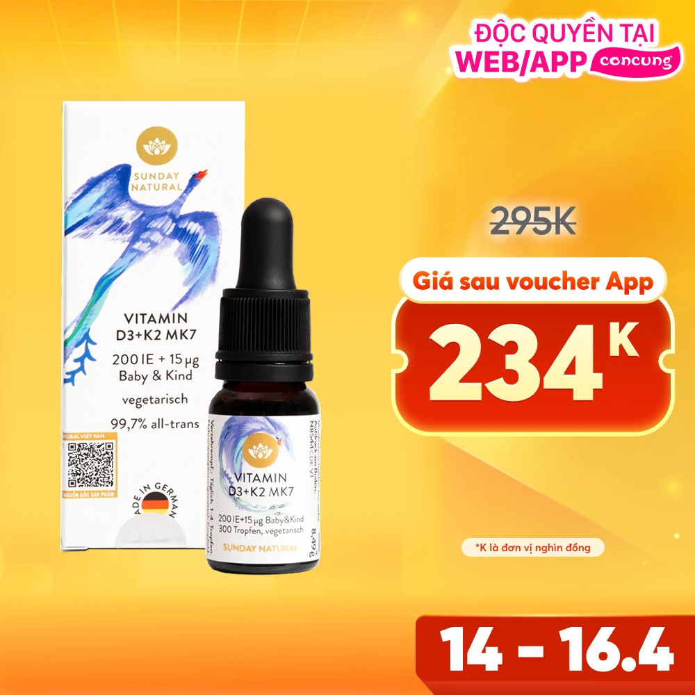 Thực phẩm bảo vệ sức khỏe  Vitamin D3+K2 MK7 200IE + 15ug Baby&Kind Sunday Natural
