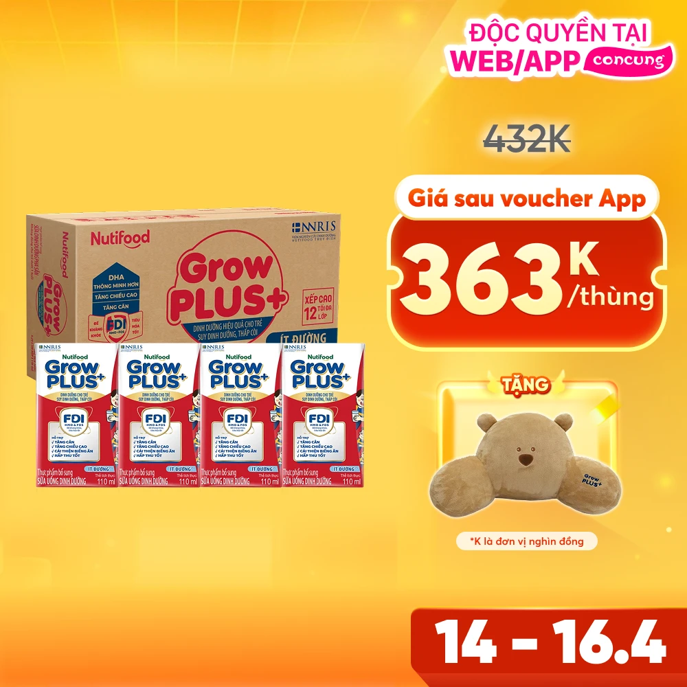Thùng SPDDPS GrowPLUS 110ml Ít đường (lốc 4 hộp) - 12 lốc